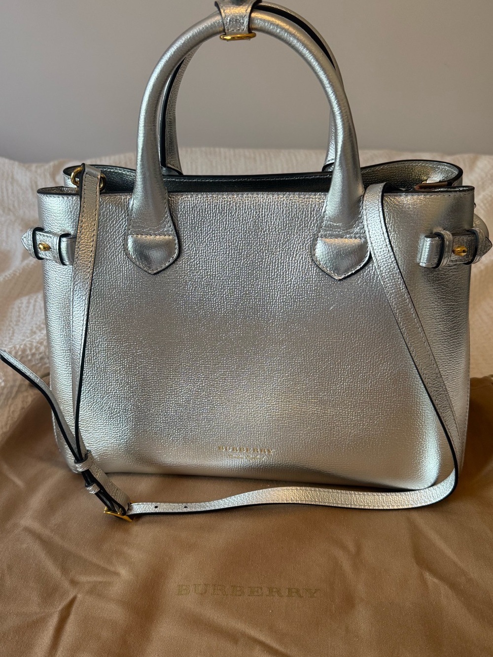 Burberry Banner Metallic Silver Tote Medium